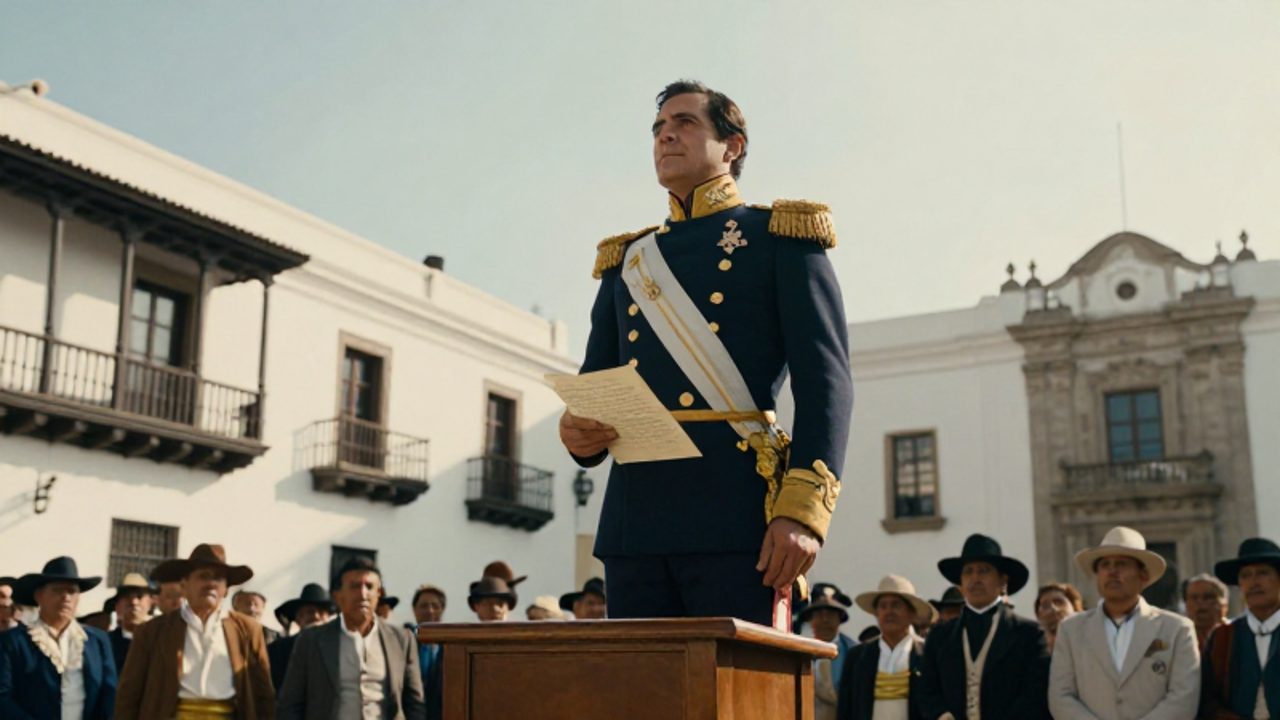 El general José de San Martín, con uniforme militar, proclama la independencia sobre un estrado en la Plaza de Armas de Lima ante una multitud.