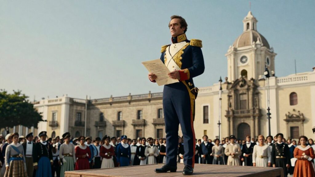El general José de San Martín, con uniforme militar del siglo XIX, proclama la independencia del Perú sobre un estrado frente a una multitud en la Plaza de Armas de Lima.