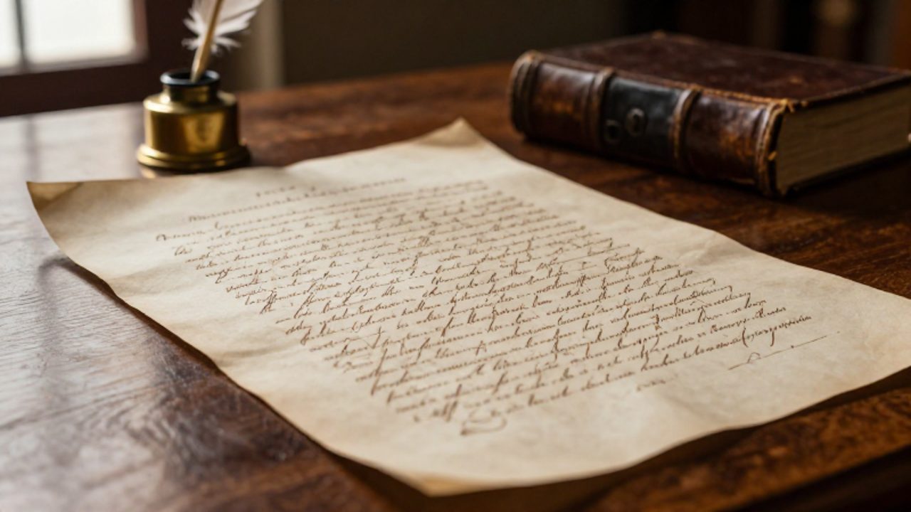 Manuscrito legal peruano del siglo XIX con caligrafía manuscrita sobre un escritorio de madera junto a una pluma y un tintero.