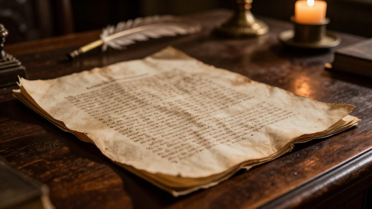 Manuscrito legal peruano del siglo XIX con caligrafía antigua sobre un escritorio de madera en un estudio con luz tenue.