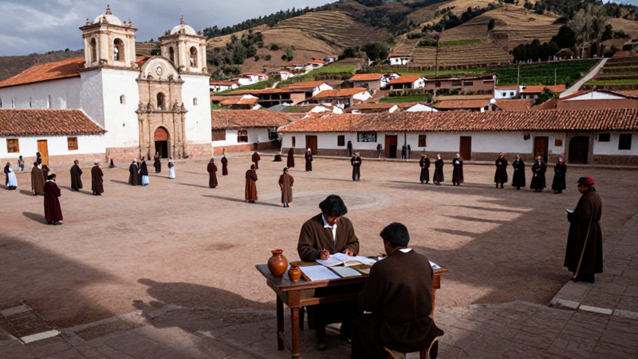 Un administrador español registra datos en un libro sobre una mesa de madera mientras frailes franciscanos y habitantes indígenas interactúan en la plaza de una misión colonial andina frente a una iglesia de piedra.