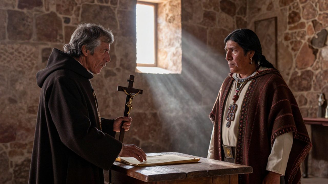Un fraile español y un líder indígena andino mantienen un encuentro tenso frente a una mesa con un registro colonial dentro de una capilla de piedra.