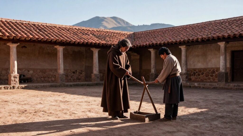 Un fraile español y un hombre indígena examinan una herramienta agrícola en el patio de una misión colonial en los Andes peruanos.