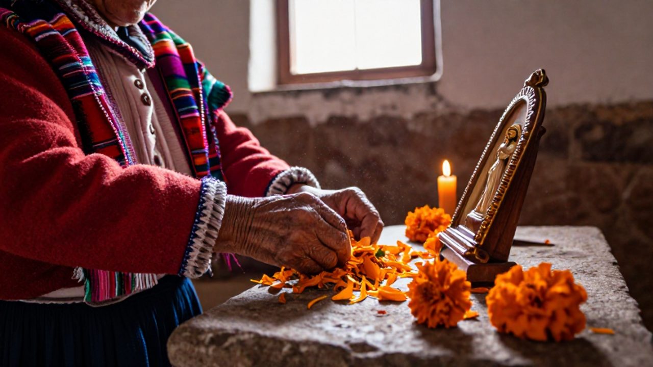 Manos de una mujer andina decorando un icono religioso con pétalos de flores y textiles coloridos sobre un altar de piedra.