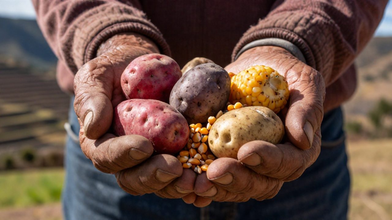 Manos de un agricultor andino sosteniendo una variedad de papas nativas y granos de maíz sobre un paisaje de montañas en terrazas.