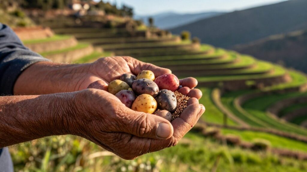 Manos de un agricultor peruano sosteniendo diversos tipos de papas nativas y granos de quinua frente a terrazas de cultivo andinas.
