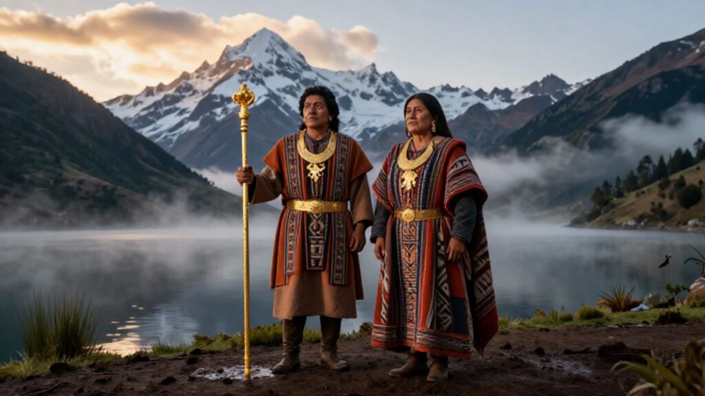 Manco Cápac y Mama Ocllo con vestiduras tradicionales ante un paisaje andino con montañas nevadas y un lago bajo la luz del amanecer.