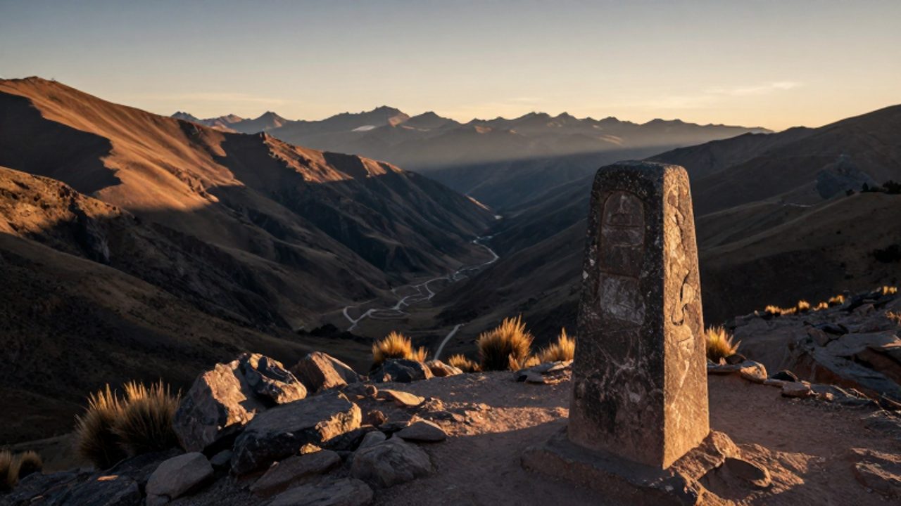 Un antiguo marcador de piedra en primer plano frente a la inmensidad de las montañas andinas y un camino sinuoso que recorre el paisaje peruano.
