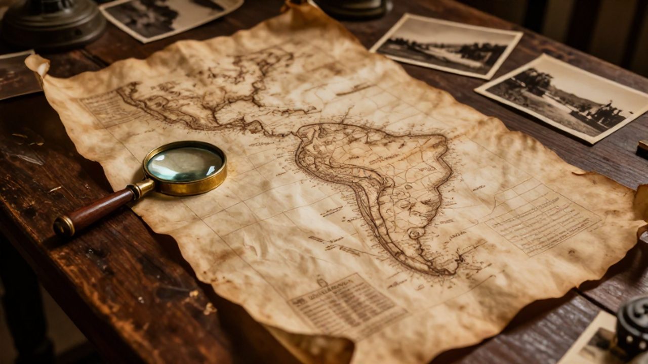 Un pergamino antiguo con mapas y bocetos históricos sobre una mesa de madera, acompañado de una lupa y fotografías antiguas en un entorno de archivo.