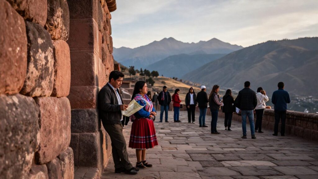 Texturas de muros incas y pavimentos coloniales que dan paso a un grupo de peruanos modernos frente a la cordillera de los Andes.