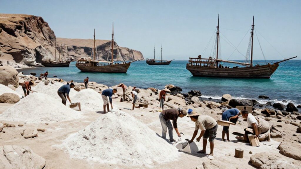 Trabajadores recolectan guano en una costa rocosa junto a grandes barcos de madera anclados en el mar del Pacífico.