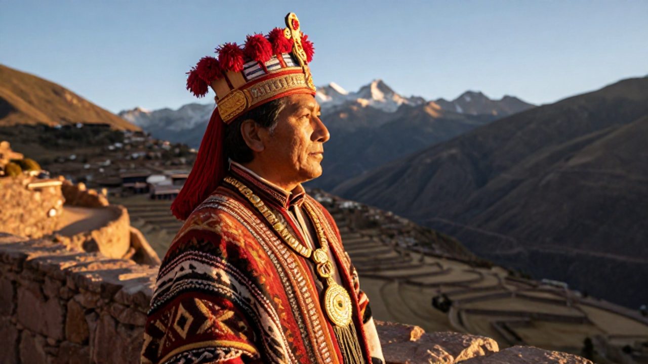 Un Sapa Inca con corona Mascapaicha y vestimenta ceremonial de oro observa un valle andino desde una terraza de piedra.
