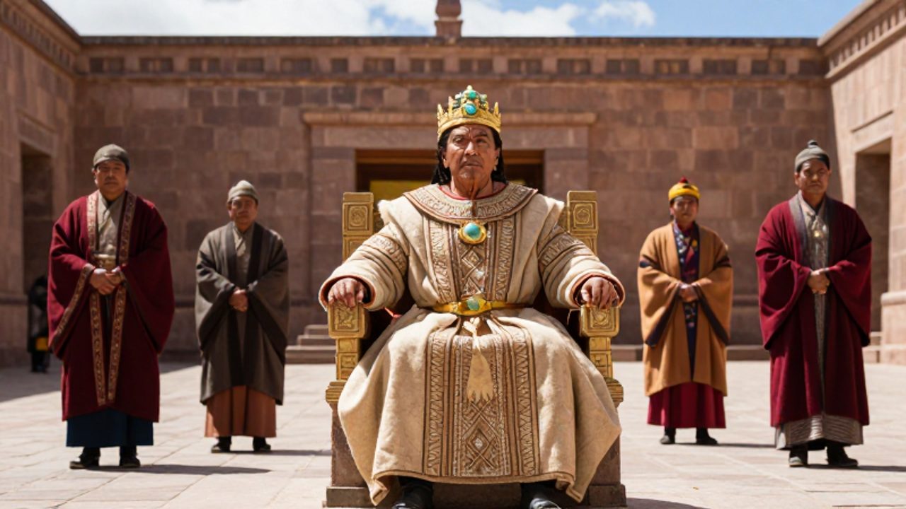 El Sapa Inca sentado en un trono de piedra rodeado de nobles en un patio de arquitectura inca para resaltar la jerarquía entre el gobernante y la aristocracia.