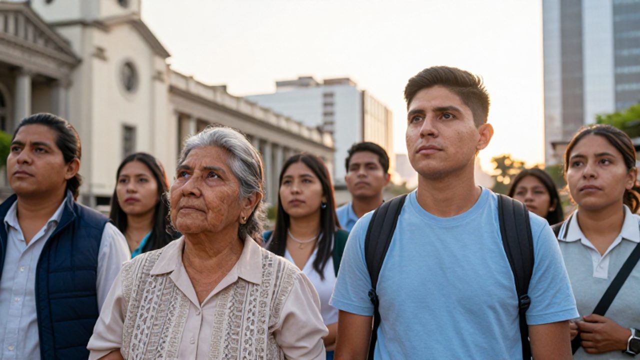 Grupo diverso de ciudadanos peruanos, desde una mujer mayor hasta un estudiante, mirando con optimismo hacia el horizonte en una plaza moderna de Lima.