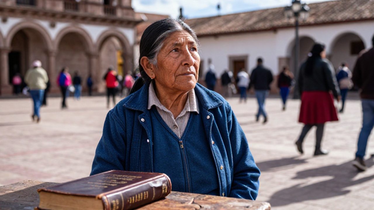 Mujer anciana de rasgos andinos observa con solemnidad hacia el horizonte en una plaza colonial, simbolizando la lucha por la inclusión civil.