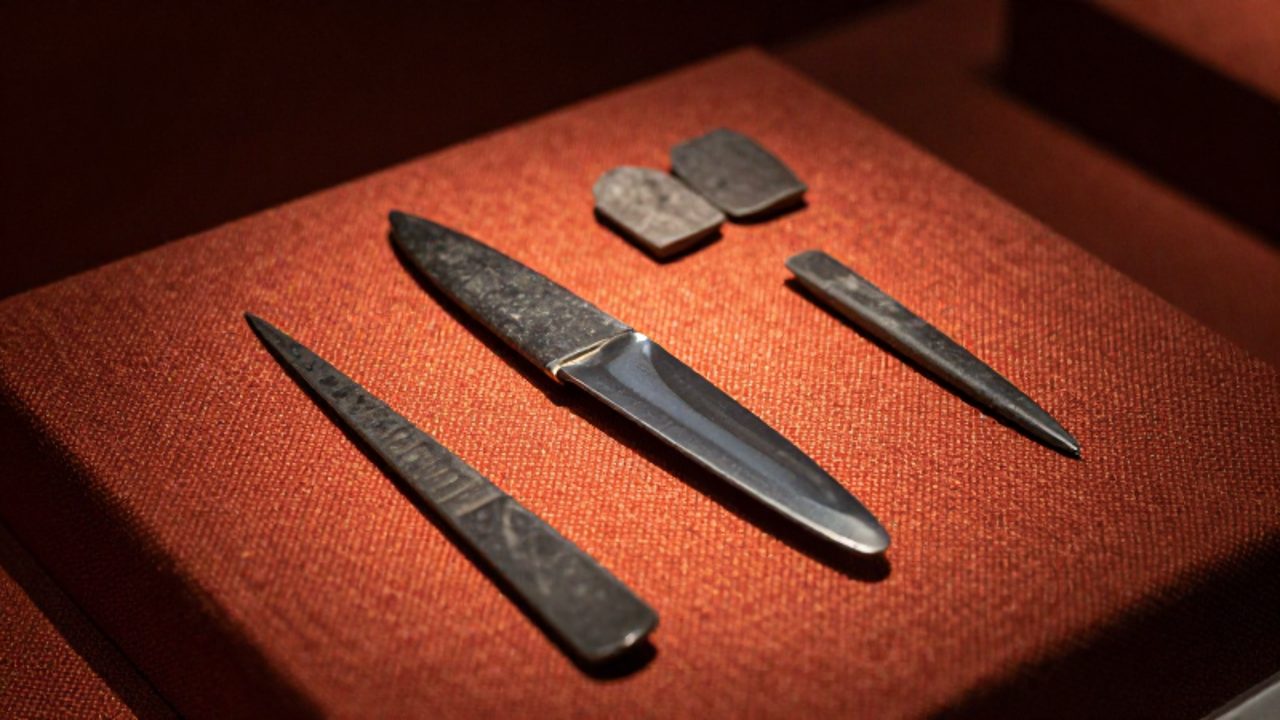 Conjunto de herramientas quirúrgicas de la cultura Paracas, incluyendo un cuchillo tumi de obsidiana y raspadores de piedra, dispuestos sobre un tejido antiguo.