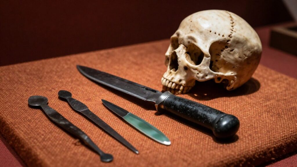 Instrumental de cirugía compuesto por un cuchillo tumi y láminas de obsidiana junto a un cráneo con una incisión de trepanación sobre un tejido antiguo.