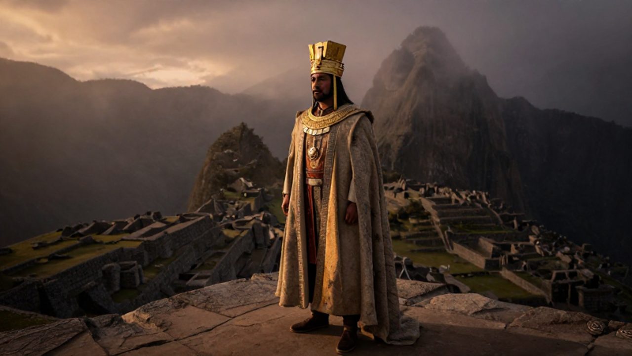 Un noble inca con vestimenta ceremonial y tocado de oro contempla desde una terraza de piedra las montañas andinas y una ciudadela entre la niebla al atardecer.