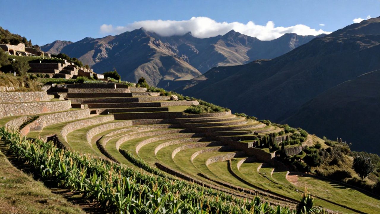 Terrazas agrícolas de piedra escalonadas en una ladera andina con cultivos de maíz y quinua bajo montañas elevadas.