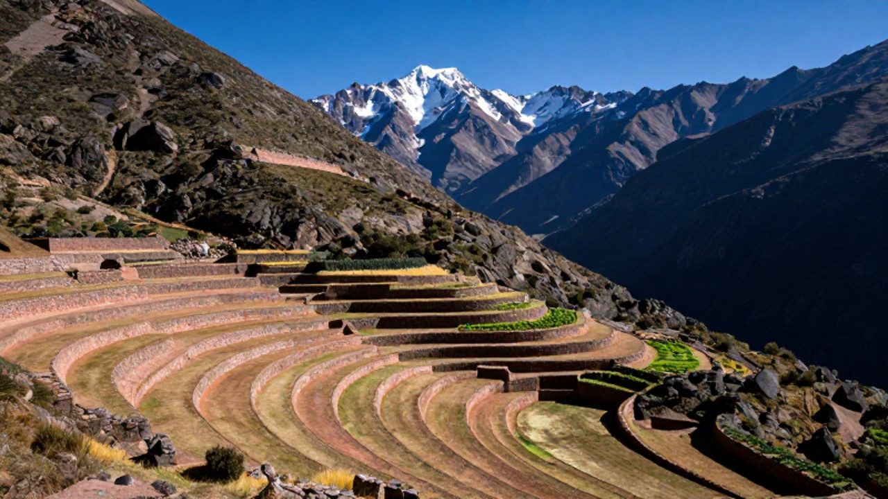 Terrazas agrícolas de piedra escalonadas en la ladera de una montaña escarpada de los Andes, con cultivos verdes bajo picos nevados al fondo.