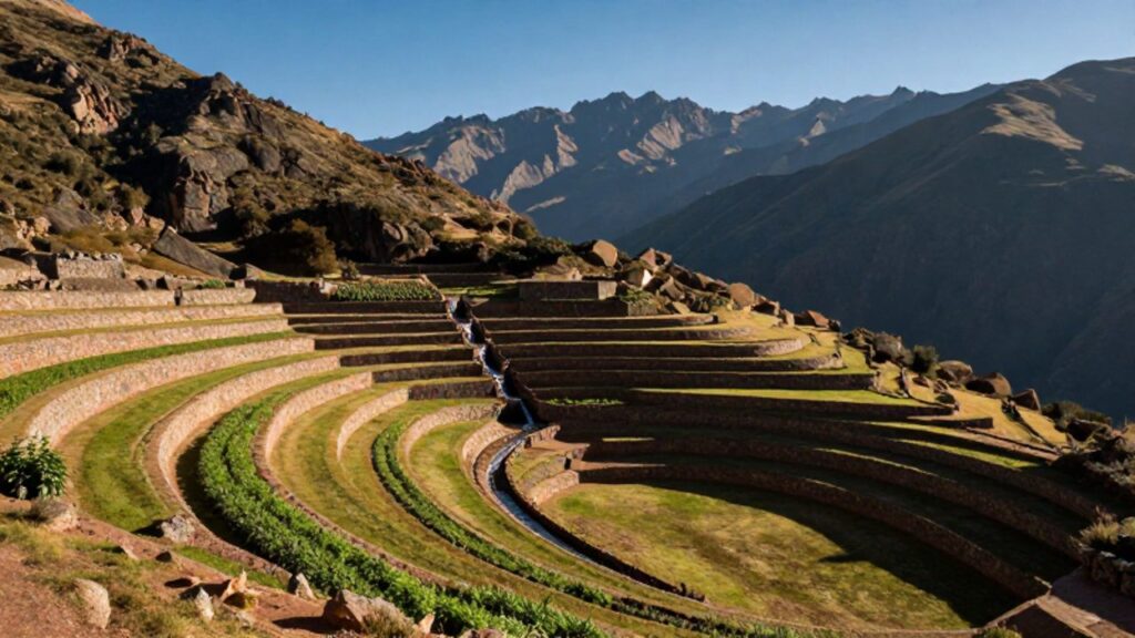 Terrazas agrícolas escalonadas de piedra con cultivos verdes que descienden por la ladera de una montaña andina bajo un cielo despejado.