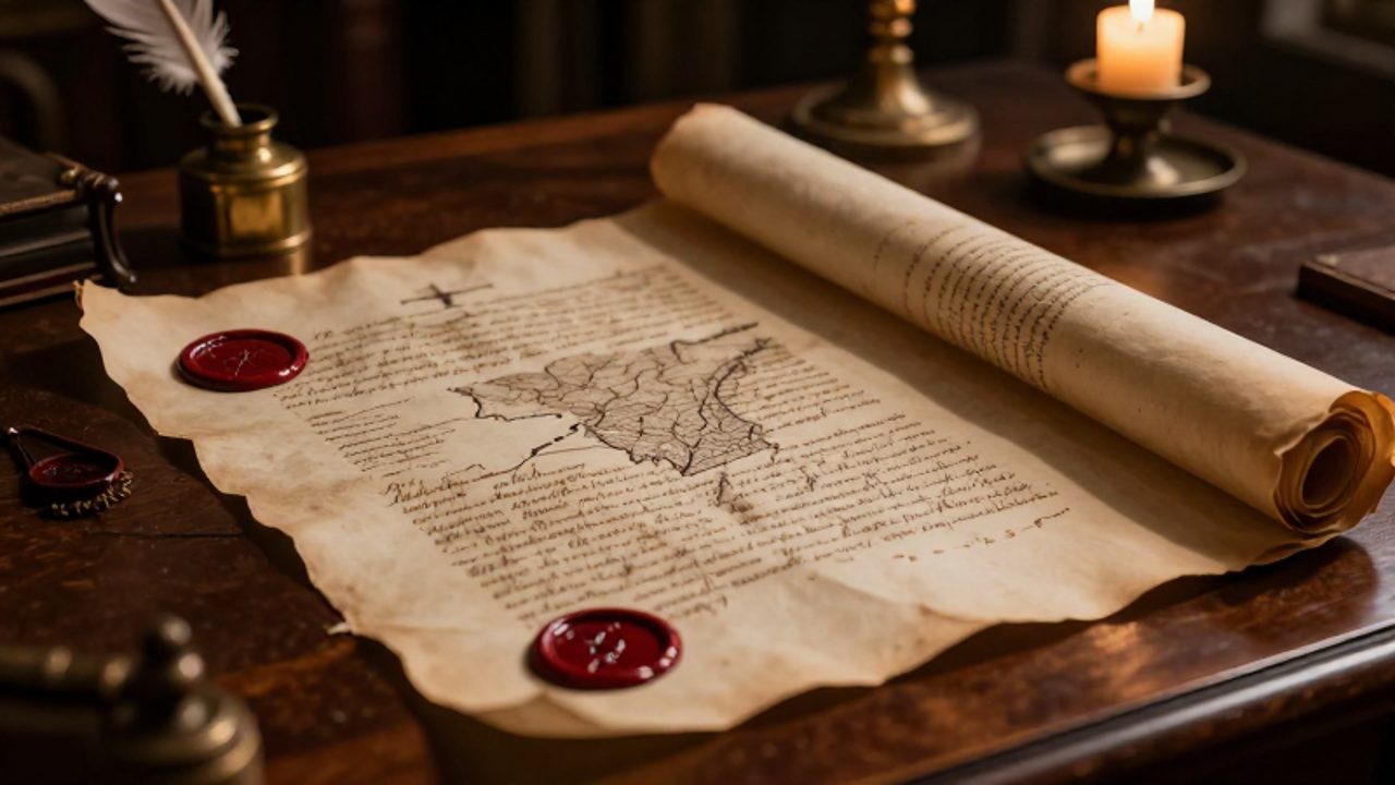 Tratado antiguo con sellos de cera roja y mapas sobre un escritorio de madera en un estudio decimonónico.