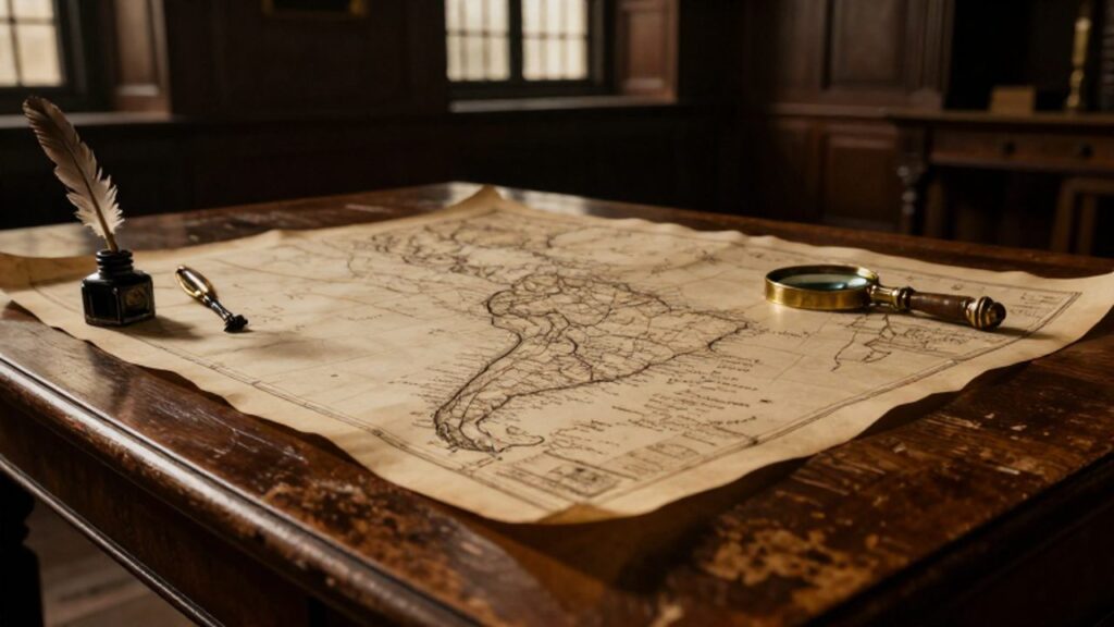 Mapa antiguo de la costa de Sudamérica sobre una mesa de madera junto a una pluma, un tintero y una lupa en un salón histórico.