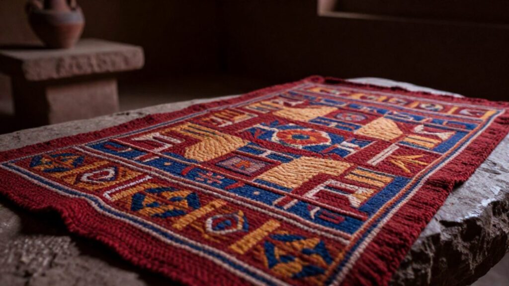 Textil andino con patrones geométricos y figuras mitológicas desplegado sobre una piedra en un entorno ceremonial.
