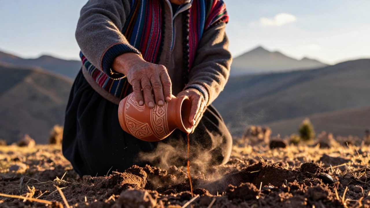 Un líder comunitario peruano realiza un rito de gratitud a la tierra vertiendo líquido desde una vasija de cerámica sobre el suelo en un paisaje andino al amanecer.