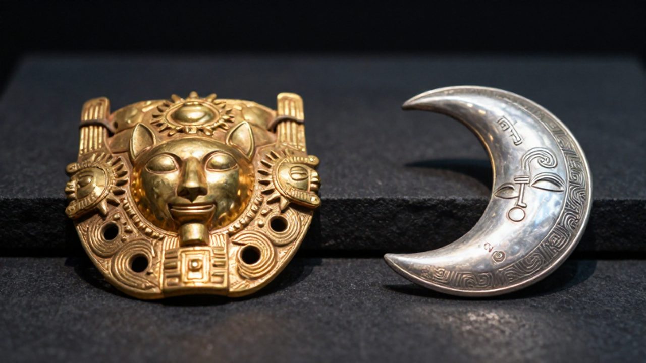 Un pectoral de oro con motivos solares junto a una pieza de plata con patrones lunares sobre una superficie de piedra oscura.