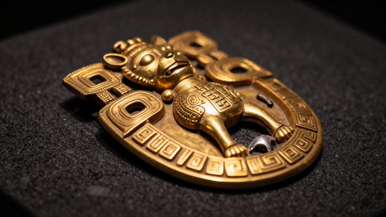 Pectoral de oro con relieves de un felino mitológico junto a una pieza de plata sobre una superficie de piedra oscura.
