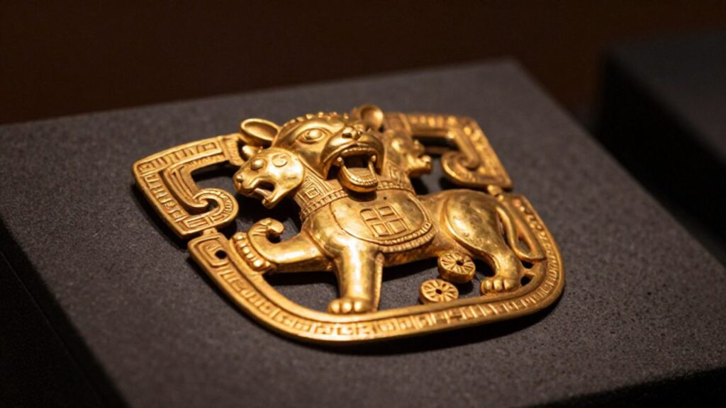 Pectoral de oro precolombino con relieves de un felino mitológico sobre una piedra volcánica oscura.