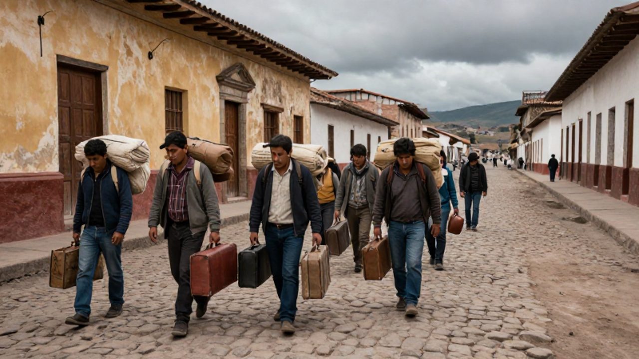 Viajeros con equipaje ligero caminan por una calle de empedrado en un pueblo peruano de arquitectura colonial bajo un cielo nublado.