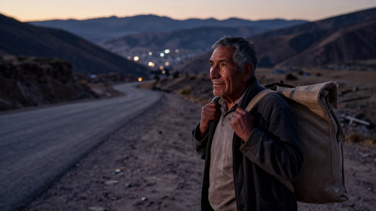Hombre mayor con un fardo al hombro contempla un horizonte lejano desde un camino polvoriento en los Andes peruanos durante el crepúsculo.
