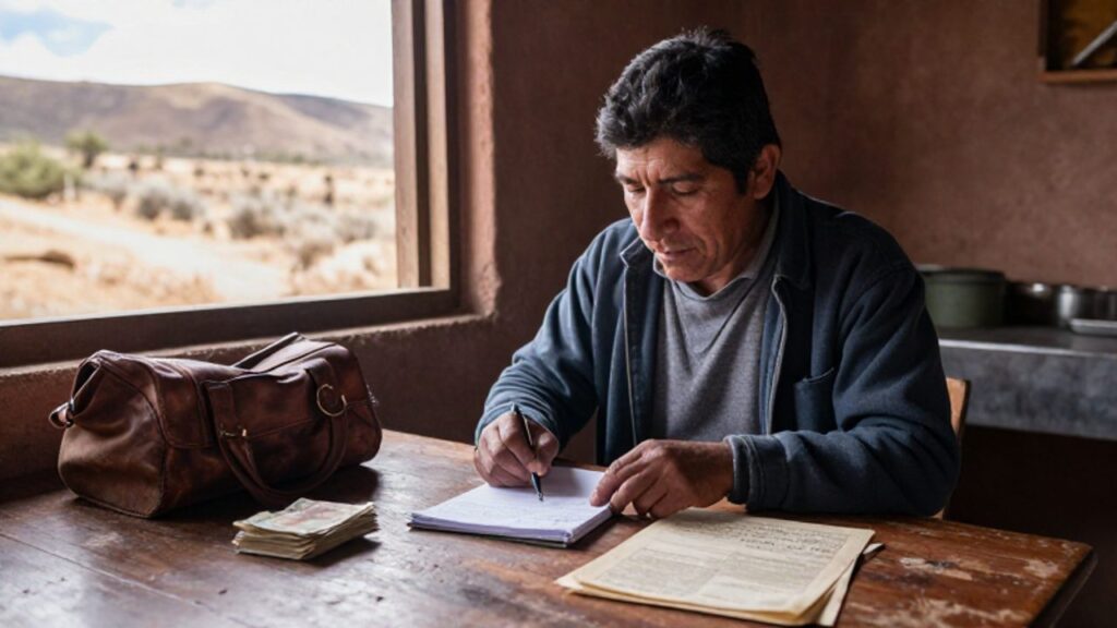 Hombre peruano de mediana edad estudia documentos de viaje y un libro de cuentas en una cocina rural con un paisaje andino al fondo.