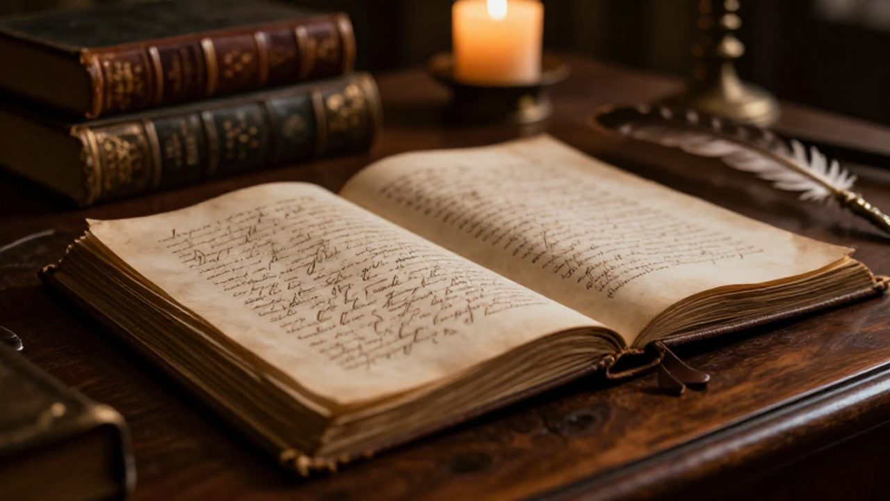 Manuscrito antiguo con caligrafía elegante y una pluma sobre un escritorio de madera en un estudio de época.