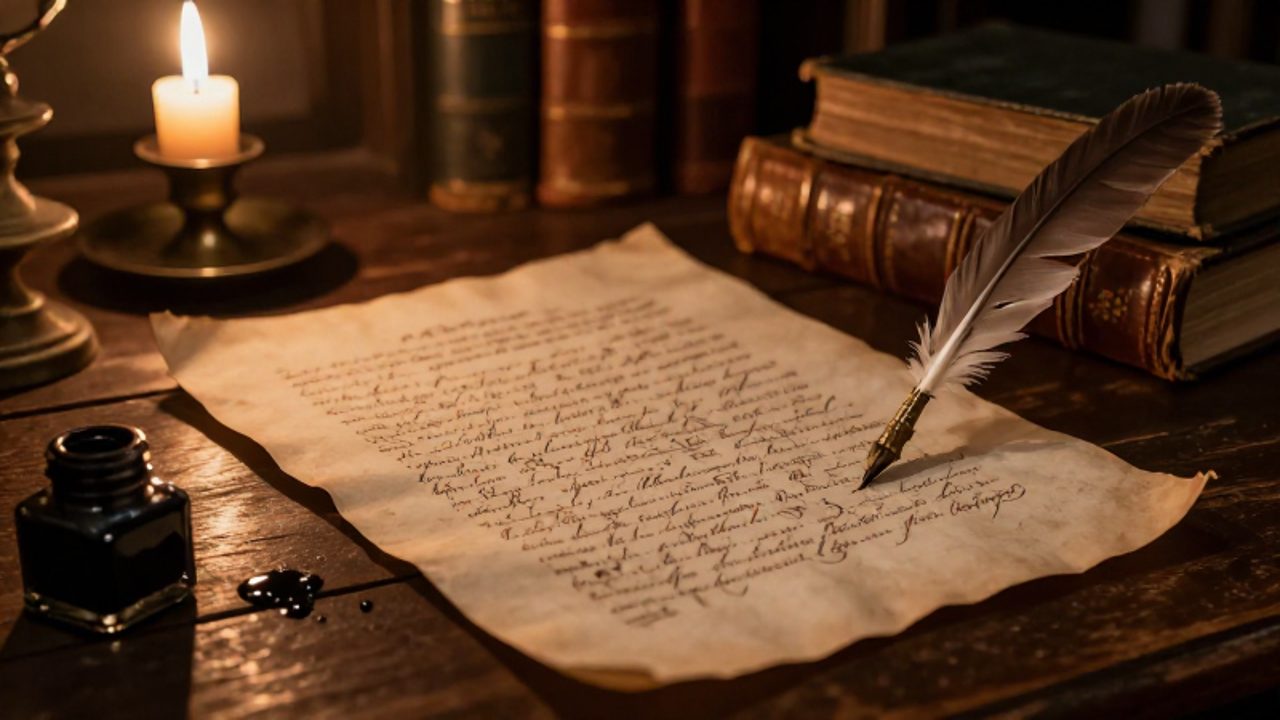 Manuscrito escrito a mano con una pluma sobre un escritorio de madera en un estudio colonial iluminado por la luz de una vela.