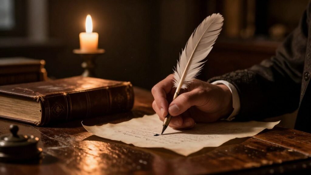 Una mano escribe con una pluma sobre un pergamino antiguo en un escritorio de madera iluminado por la luz de una vela.