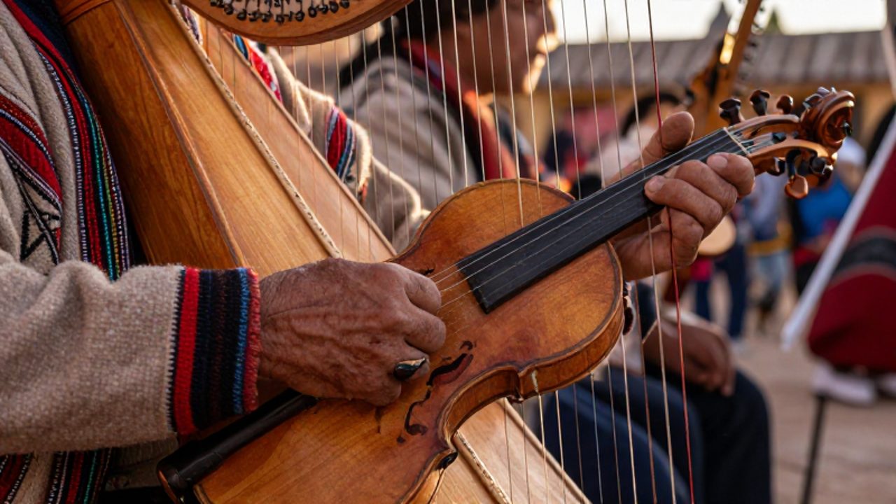 Manos de un músico andino tocando un violín y un charango con vestimenta de lana tradicional en un festival al aire libre.