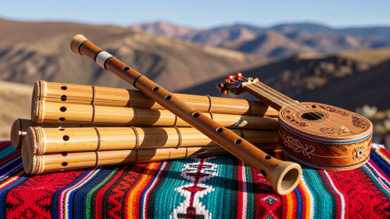 Quena, zampoñas y un charango reposan sobre un textil andino colorido con montañas de fondo.