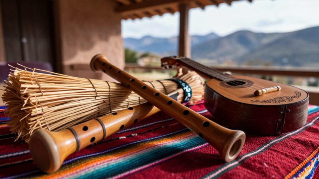 Quena, zampoñas y un charango tallado reposan sobre un tejido andino colorido con montañas de fondo.