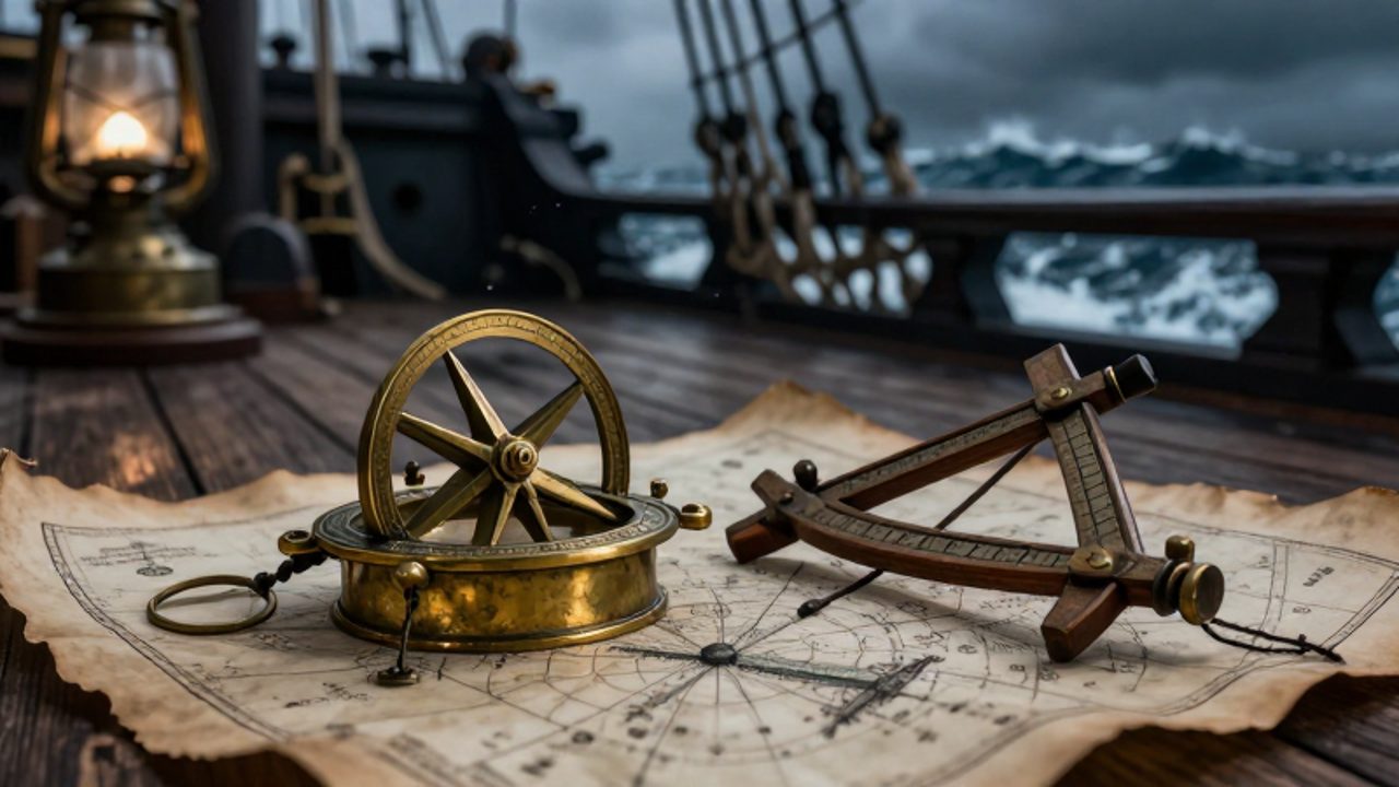 Astrolabio y cuadrante de latón sobre un mapa náutico antiguo en la cubierta de un galeón durante una tormenta en el océano.