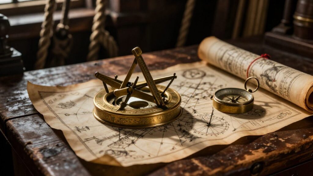 Astrolabio de latón y un mapa náutico antiguo extendidos sobre una mesa de madera en la cabina de un barco del siglo XVI.