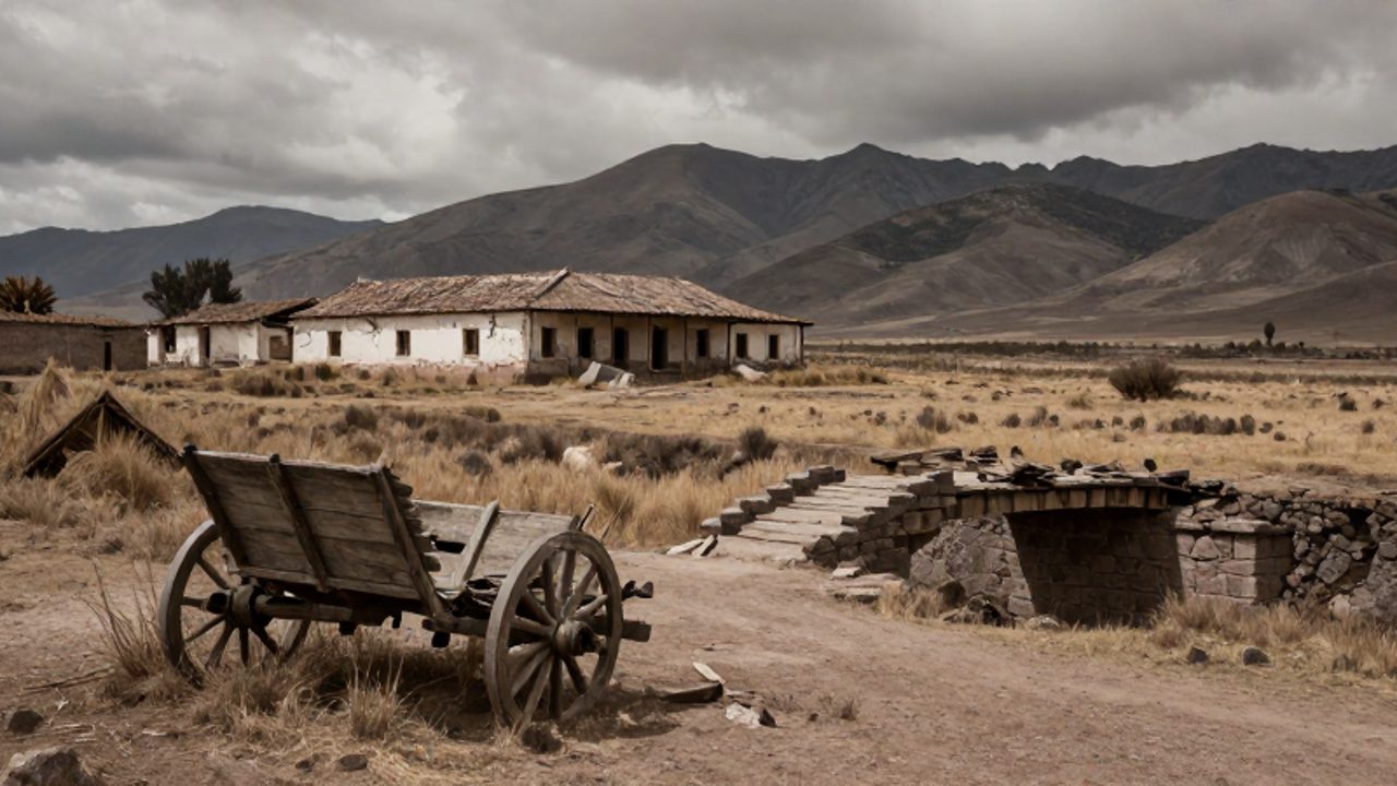 Paisaje desolado del siglo XIX en Perú con un carro de madera volcado y un puente de piedra colapsado frente a una hacienda abandonada bajo un cielo nublado.