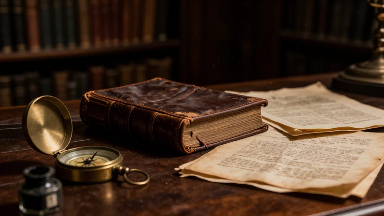 Documentos militares antiguos y un libro de cuero sobre un escritorio de madera en un archivo académico sombrío.