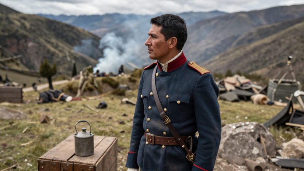 Oficial militar peruano del siglo XIX con uniforme desgastado observa un paisaje montañoso andino tras una batalla.