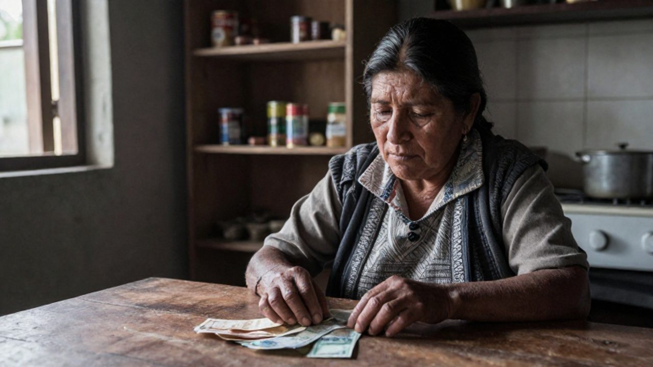 Mujer peruana con expresión de preocupación observa un puñado de billetes sobre una mesa de madera en una cocina con estantes casi vacíos.
