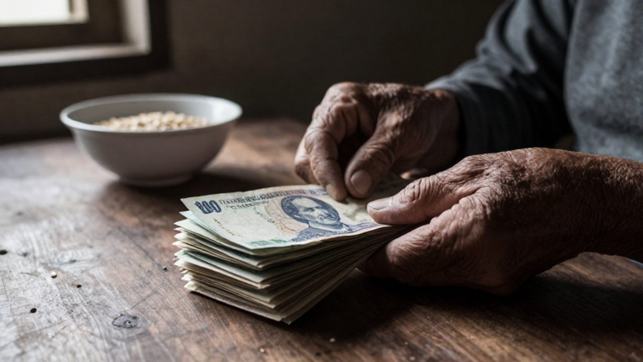 Manos de un hombre mayor contando un montón de billetes de soles antiguos y desgastados sobre una mesa de madera en un entorno doméstico humilde.