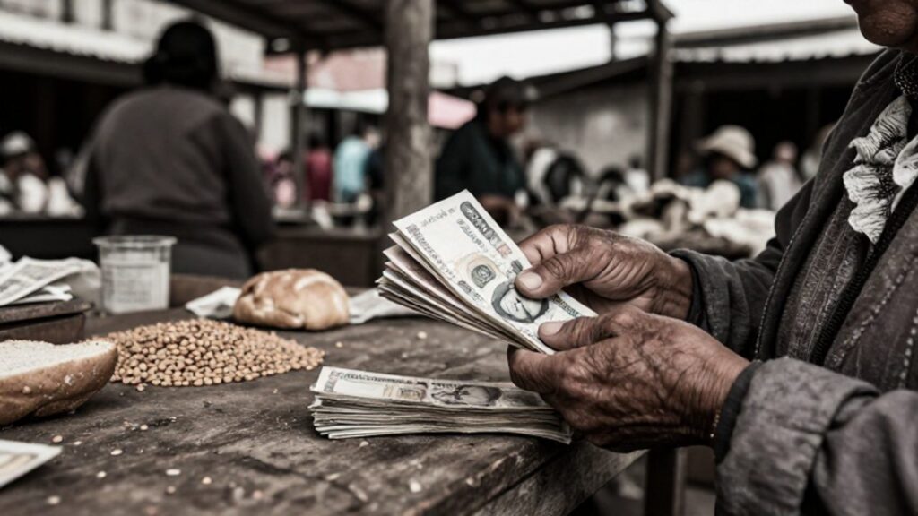 Manos de una mujer cuentan un gran fajo de billetes de soles en un mercado tradicional de Lima durante la crisis económica de los años 80.