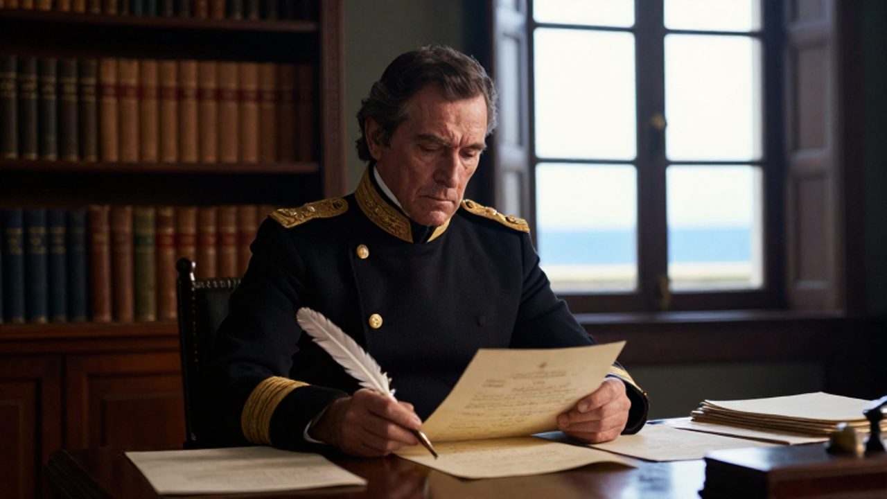 Hombre con uniforme militar del siglo XIX sentado en un escritorio de madera mientras revisa documentos oficiales en un despacho de estilo colonial.